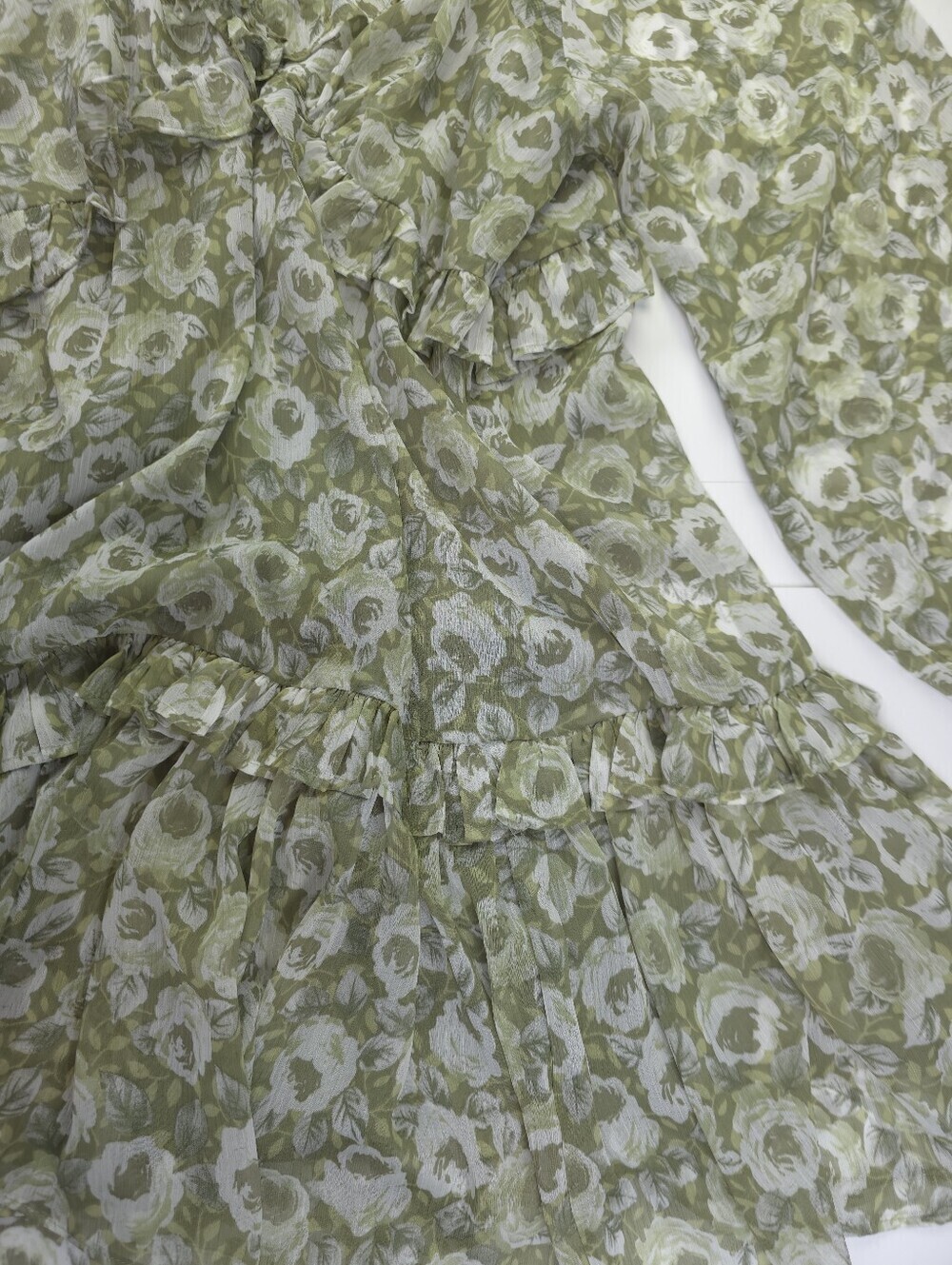 New Anthropologie Loverly Grey Green Floral Ruffle V-Neck Mini Dress Sz M - Picture 8 of 11
